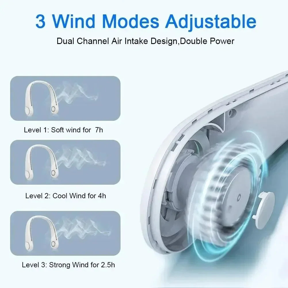 Portable Bladeless Neck Fan, 1200mAh, 3-Speed, Rechargeable